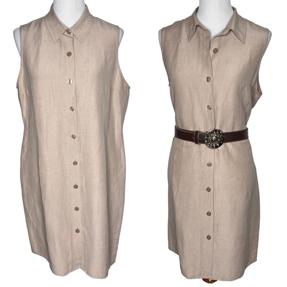 Finity Silk Linen Sleeveless Button Down Shift Dress 16 Tan Knee Length Classic - Picture 1 of 14